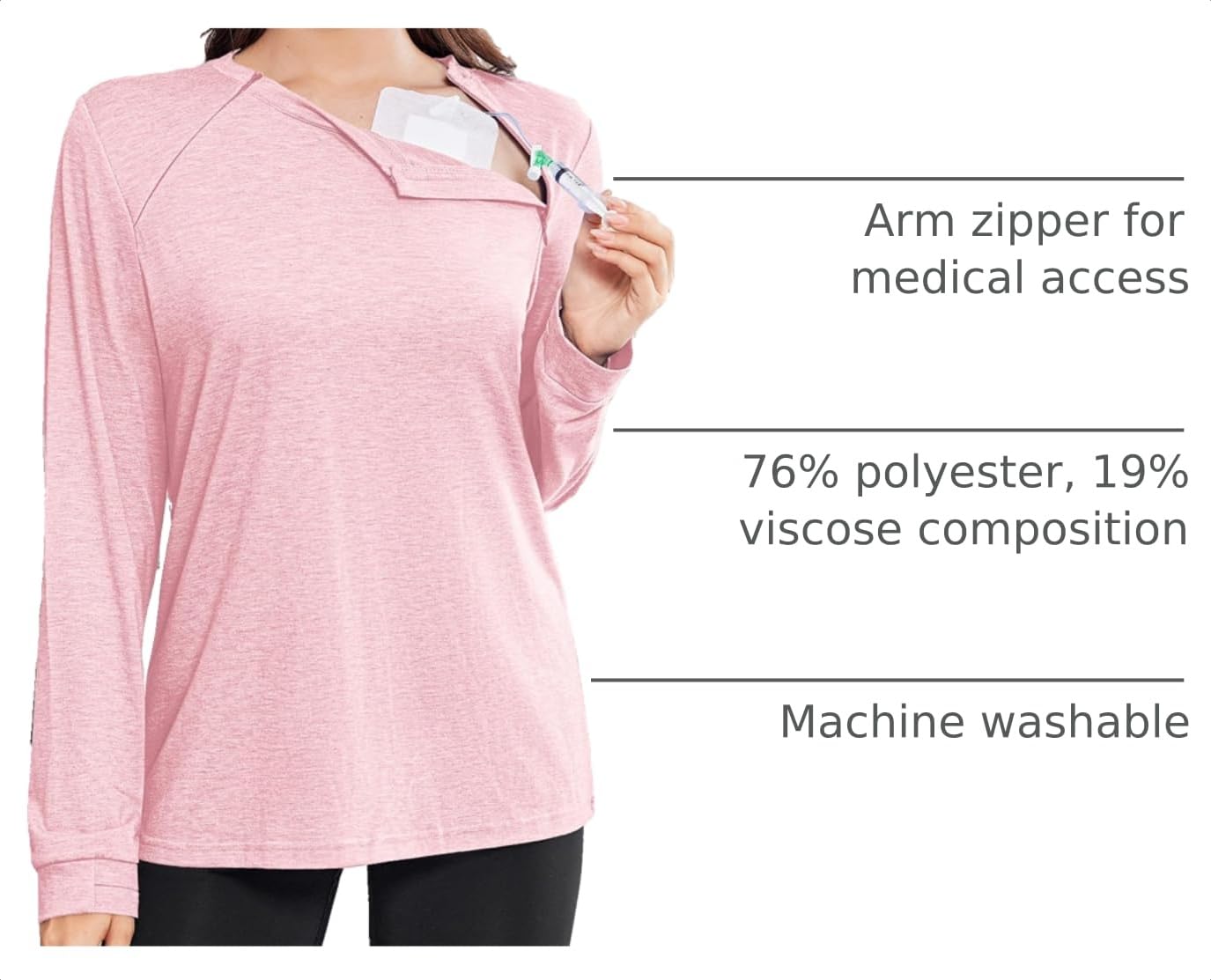 Deyeek Chemo Shirts for Port Access Women Long Sleeve Shoulder Post Surgery Shirt Dialysis Sweatshirts with Arm Zipper