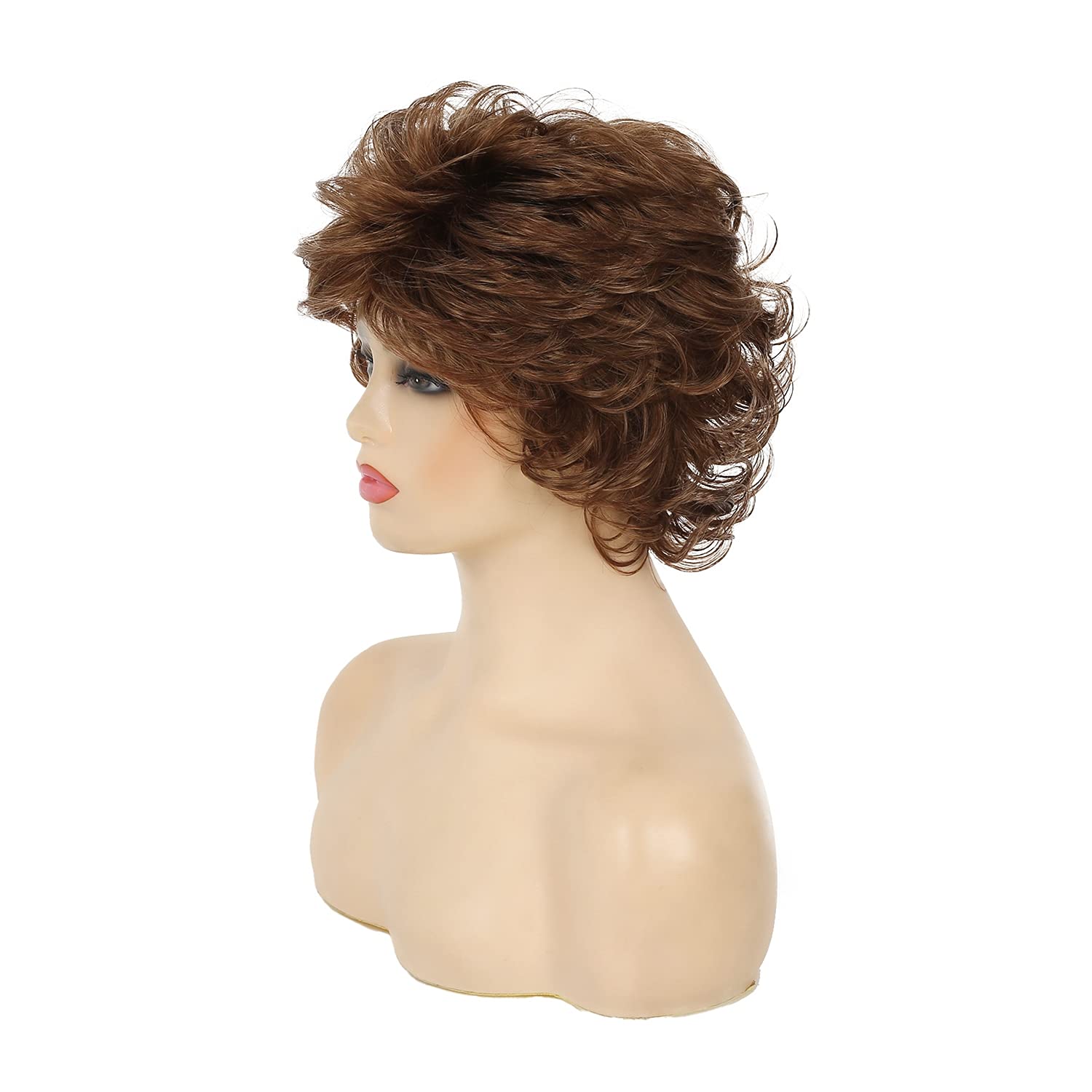 Short Wavy Brown Wigs for Women Fluffy Wavy Layered Wigs Synthetic Heat Resistant Halloween Cosplay Hair Wig with Wig Cap,Auburn Brown