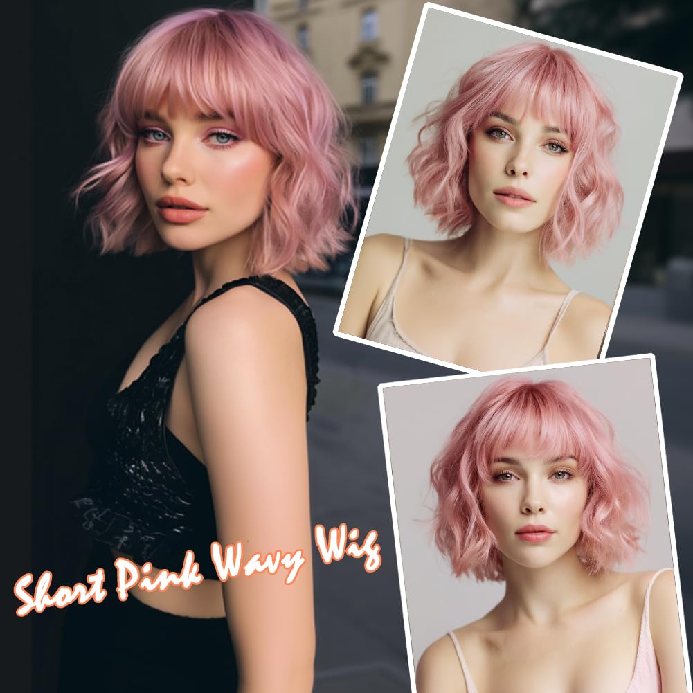 Short Auburn Wigs for Women Dark Ginger Wig with Bangs Wigs Natural Looking Curly Hair Medium Length Synthetic Bob Wig Wavy Colorful Wigs（14 Inches）