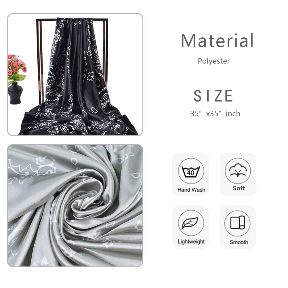 4Pcs Silk Head Scarves for Women Satin Hair Scarf 35”Large Square Bandana Silk Like Neck Scarf Shawl