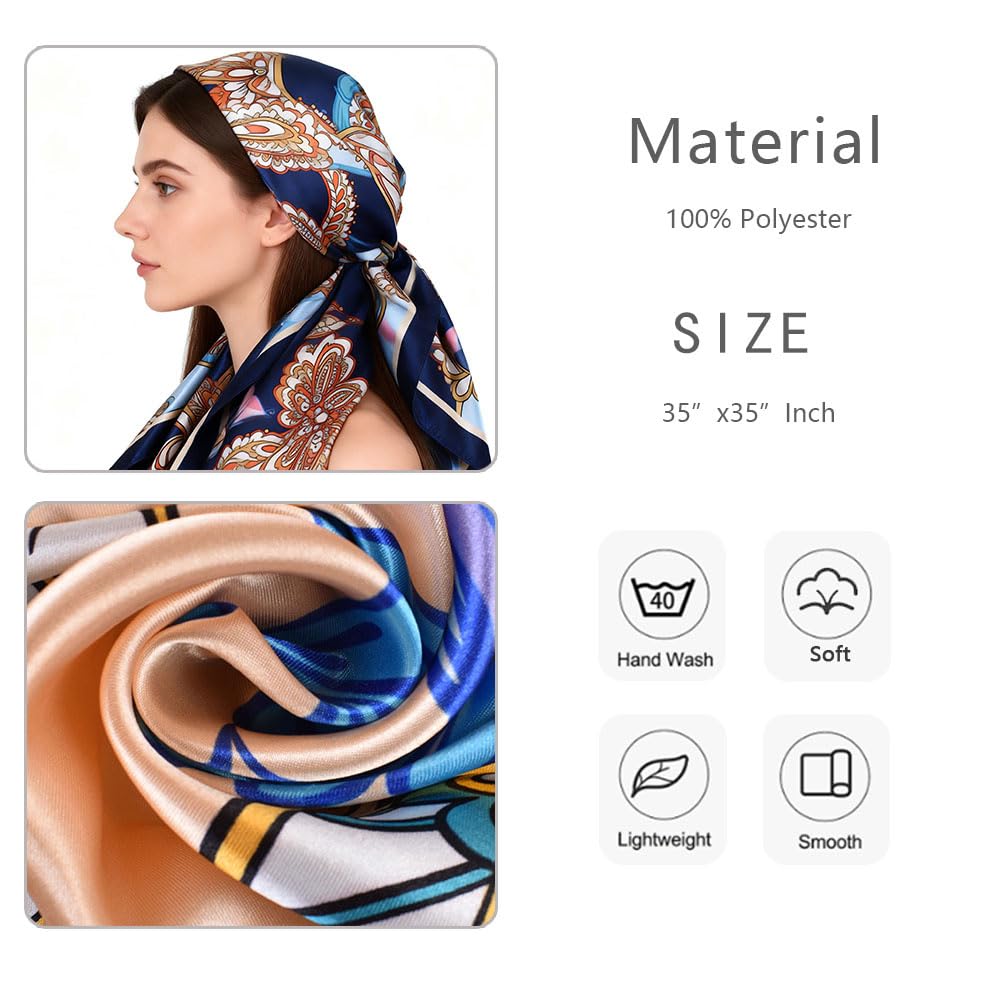 4Pcs Silk Head Scarves for Women Satin Hair Scarf 35”Large Square Bandana Silk Like Neck Scarf Shawl