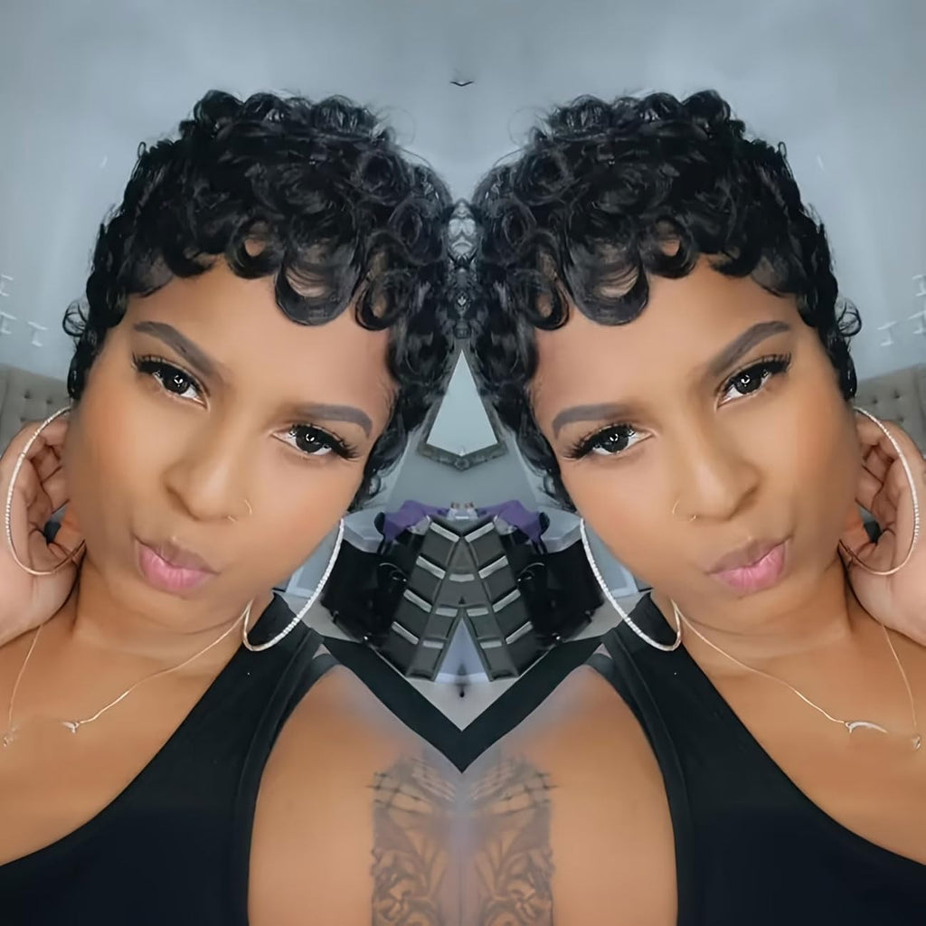 VRZ Pixie Cut Wigs for Black Women Brazilian Curly Pixie Cut Wig Human Hair Glueless Short Layered Wigs With Bangs Natural Black Color No Glue Human Hair Wig for Daily Use