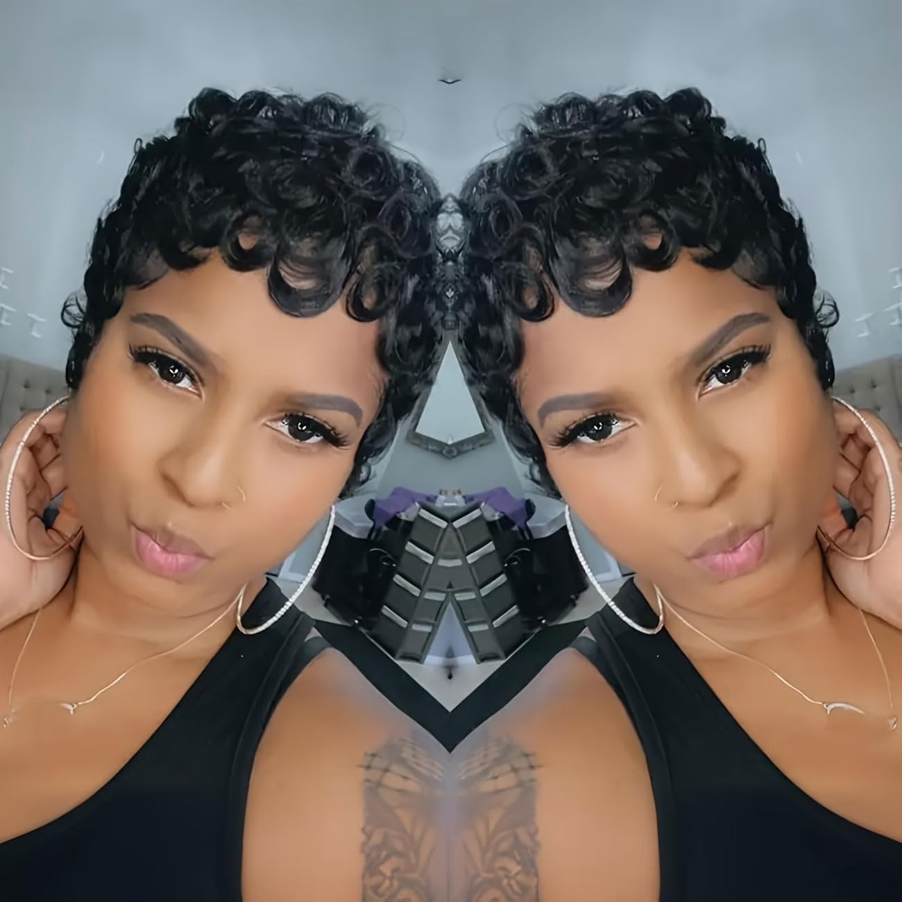 VRZ Pixie Cut Wigs for Black Women Brazilian Curly Pixie Cut Wig Human Hair Glueless Short Layered Wigs With Bangs Natural Black Color No Glue Human Hair Wig for Daily Use