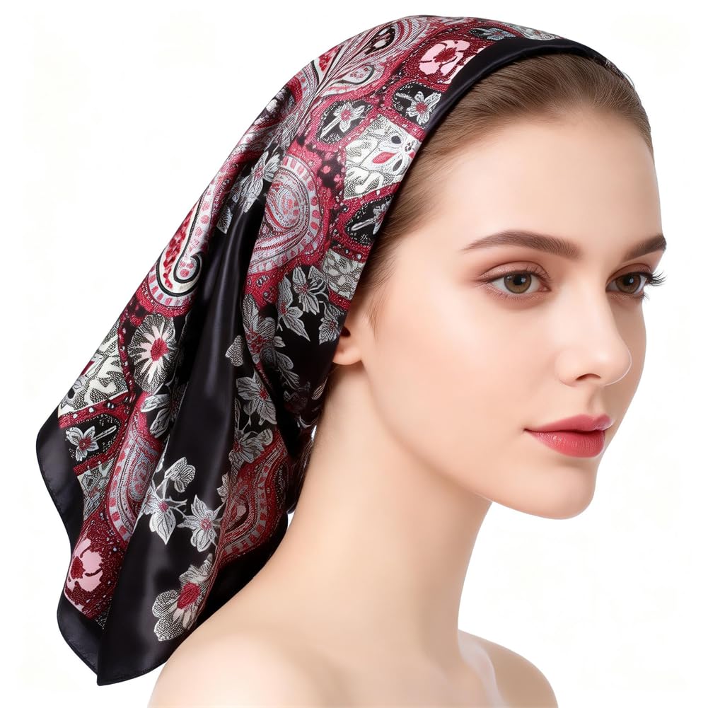 4Pcs Silk Head Scarves for Women Satin Hair Scarf 35”Large Square Bandana Silk Like Neck Scarf Shawl