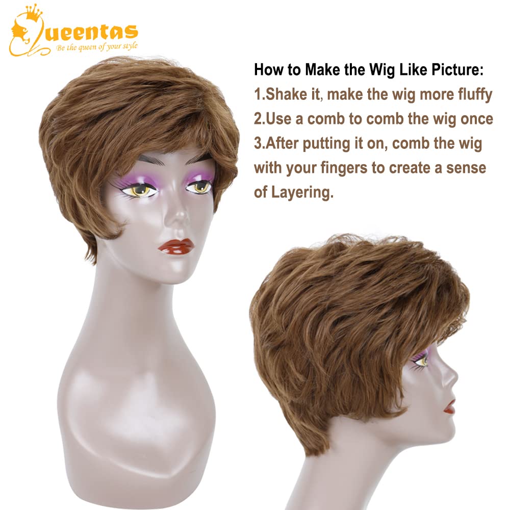 8" Layered Pixie Cut Synthetic Wig for Women Blonde Mixed Brown with Roots