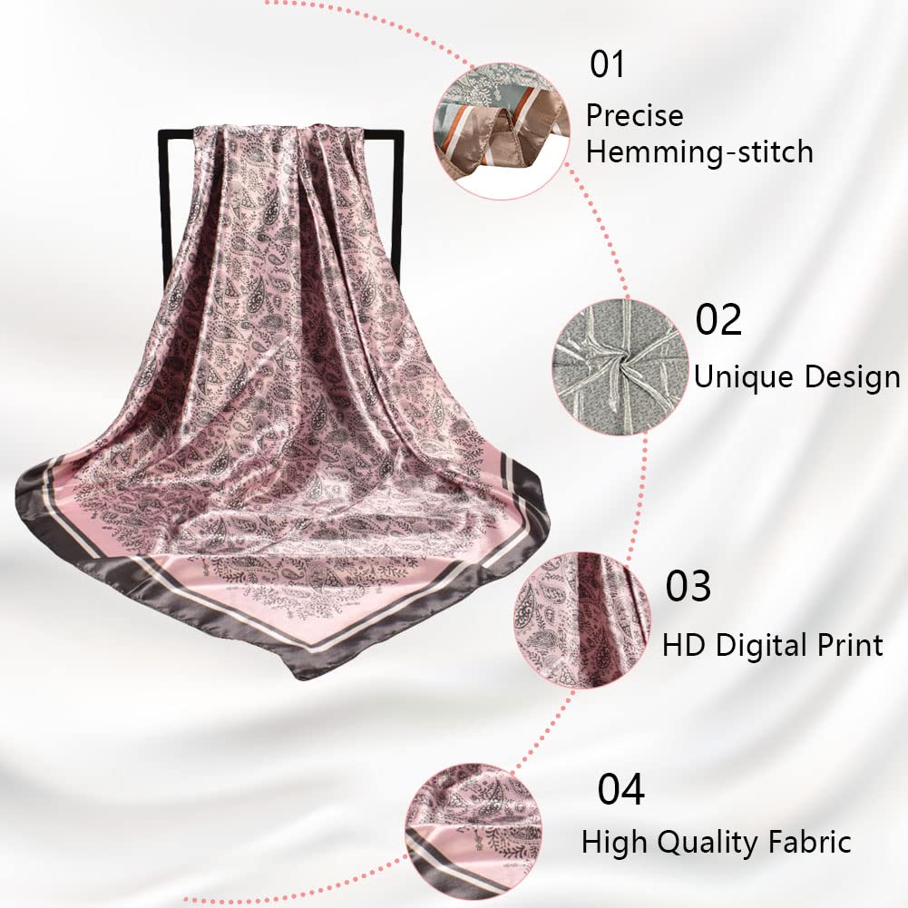 4Pcs Silk Head Scarves for Women Satin Hair Scarf 35”Large Square Bandana Silk Like Neck Scarf Shawl