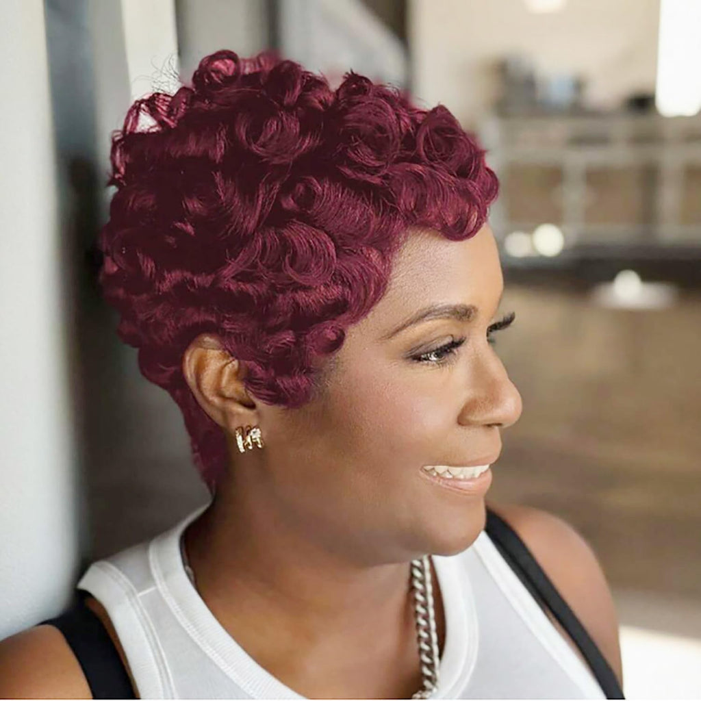 VRZ Pixie Cut Wigs for Black Women Brazilian Curly Pixie Cut Wig Human Hair Glueless Short Layered Wigs With Bangs Natural Black Color No Glue Human Hair Wig for Daily Use