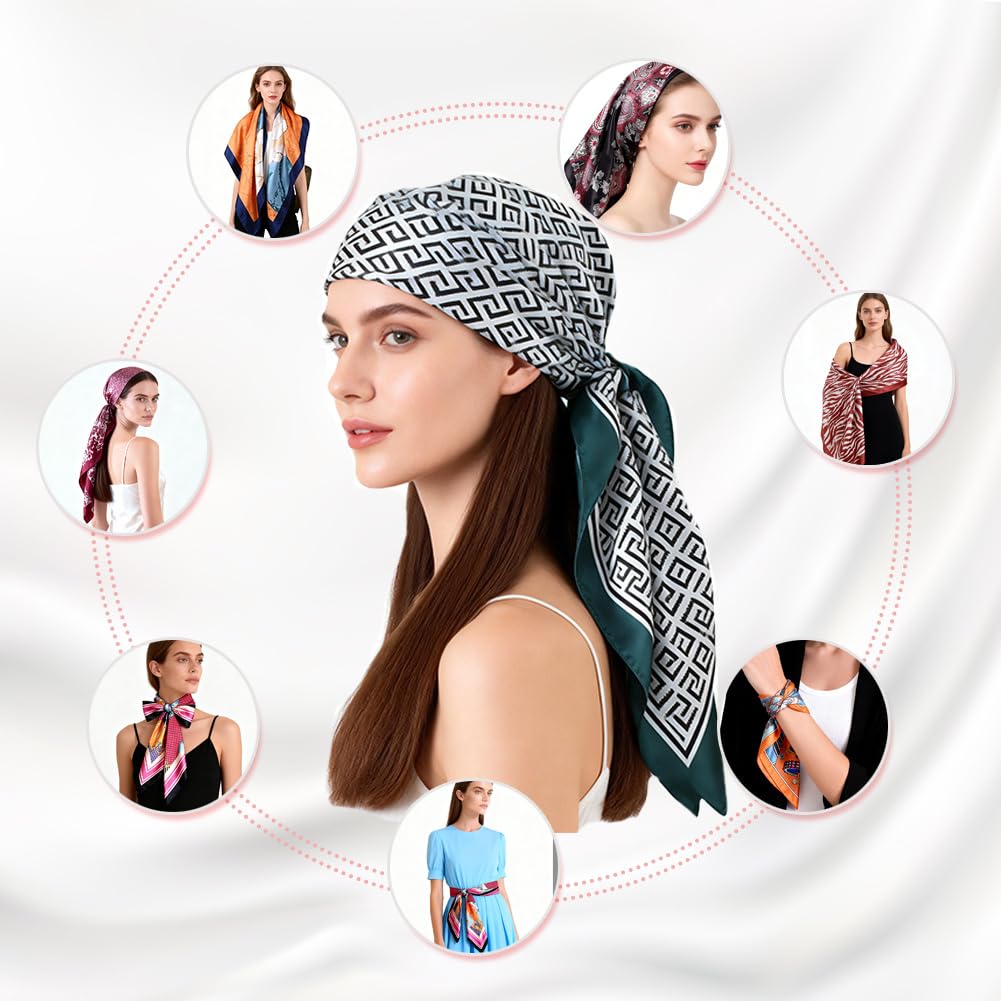 4Pcs Silk Head Scarves for Women Satin Hair Scarf 35”Large Square Bandana Silk Like Neck Scarf Shawl