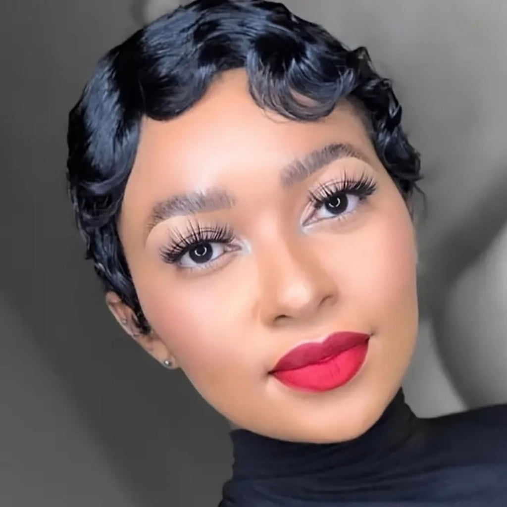 VRZ Pixie Cut Wigs for Black Women Brazilian Curly Pixie Cut Wig Human Hair Glueless Short Layered Wigs With Bangs Natural Black Color No Glue Human Hair Wig for Daily Use