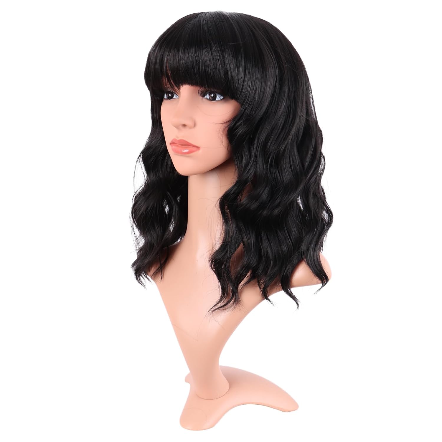 MapofBeauty 14 Inch Short Curly Women Flat Bangs Bob Wig, Black