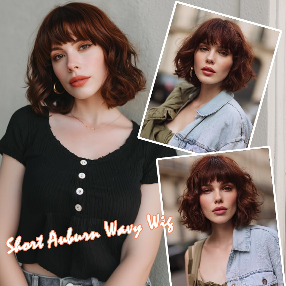 Short Auburn Wigs for Women Dark Ginger Wig with Bangs Wigs Natural Looking Curly Hair Medium Length Synthetic Bob Wig Wavy Colorful Wigs（14 Inches）