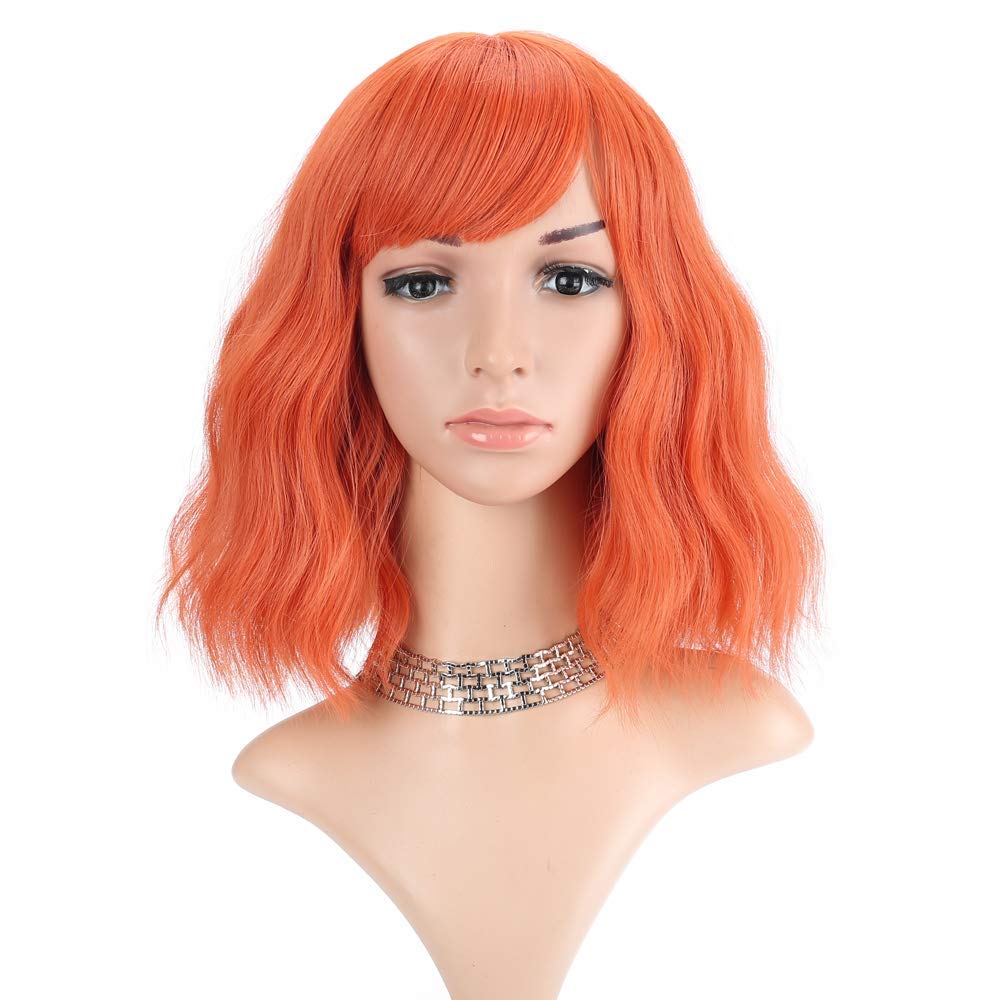 FAELBATY Blonde Wave Short Bob Wigs With Air Bangs Shoulder Length Wig For Women and Girls Curly Wavy Synthetic Cosplay Costume Wig (12" Mix blonde and gold)