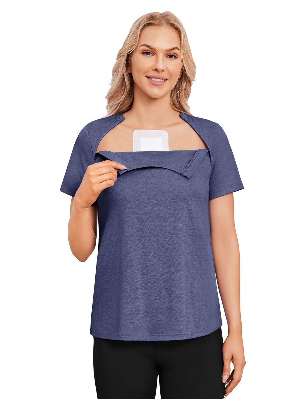 Deyeek Chemo Shirts for Port Access Women with 2 Hidden Side Zippers Post Surgery Short Sleeve Tear Away Adaptive Top Tees