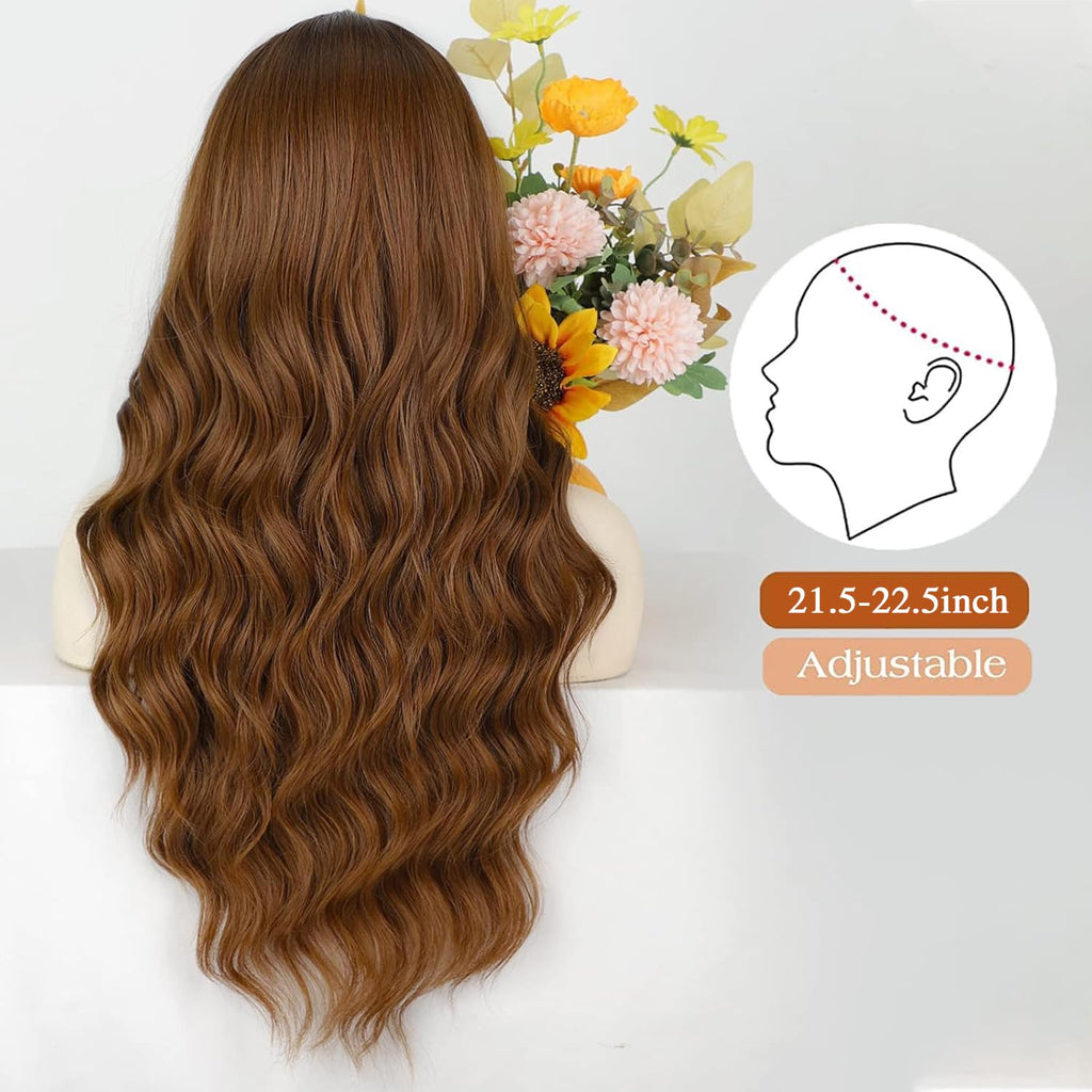 Lativ Ombre Blonde Brown Wig with Bangs Long Wavy Curly Wig with Brown End