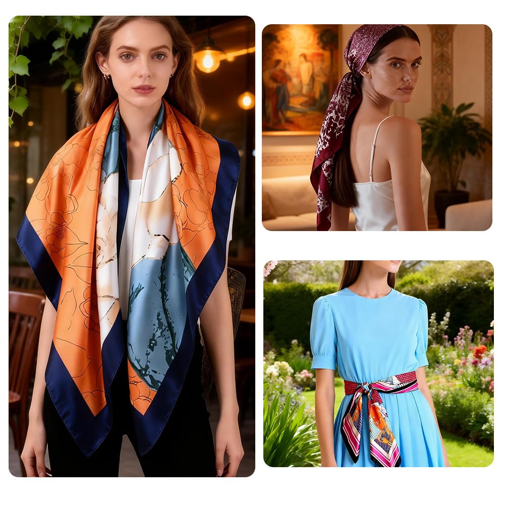 4Pcs Silk Head Scarves for Women Satin Hair Scarf 35”Large Square Bandana Silk Like Neck Scarf Shawl