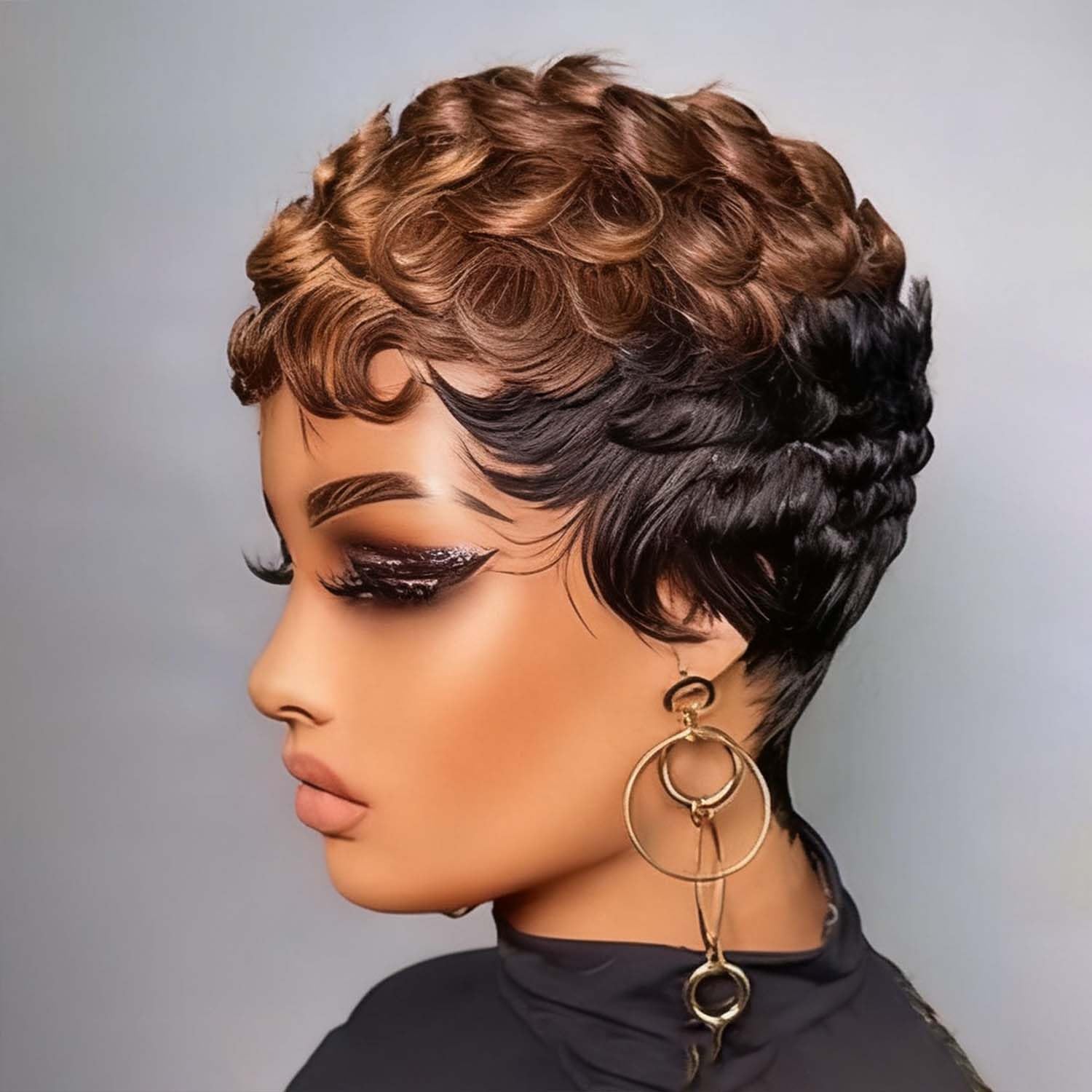 VRZ Pixie Cut Wigs for Black Women Brazilian Curly Pixie Cut Wig Human Hair Glueless Short Layered Wigs With Bangs Natural Black Color No Glue Human Hair Wig for Daily Use