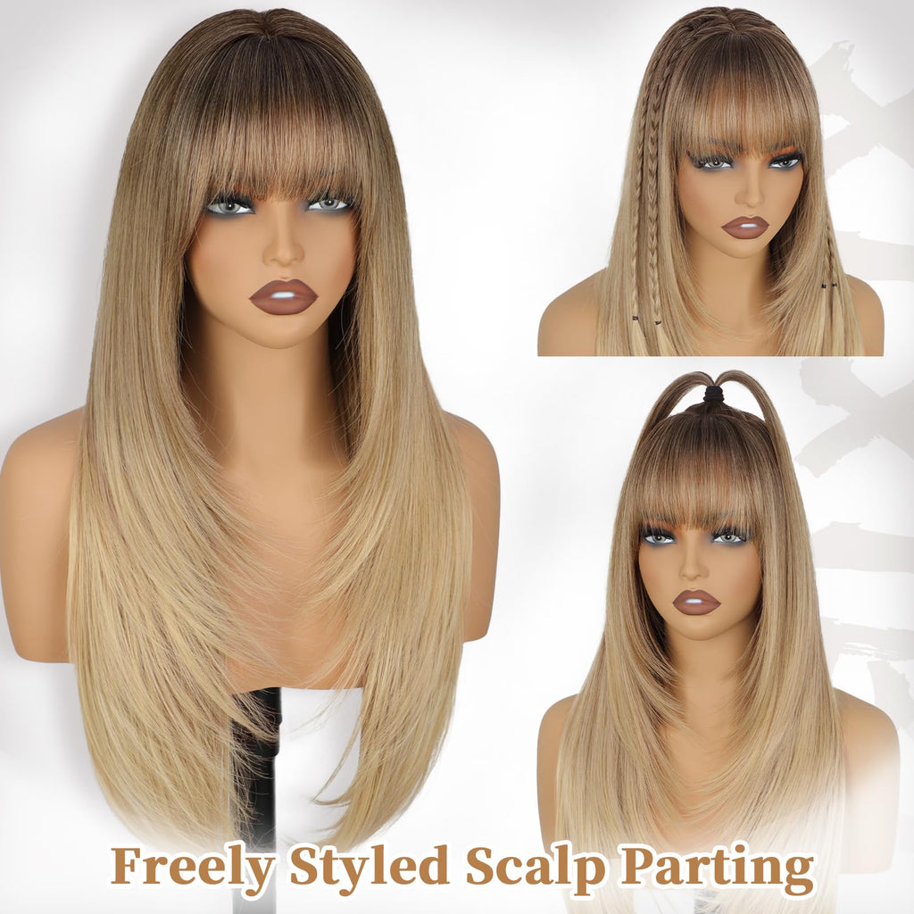 XIXIBI Wig with Bangs for Women,Long Straight,Brown Blonde Highlight