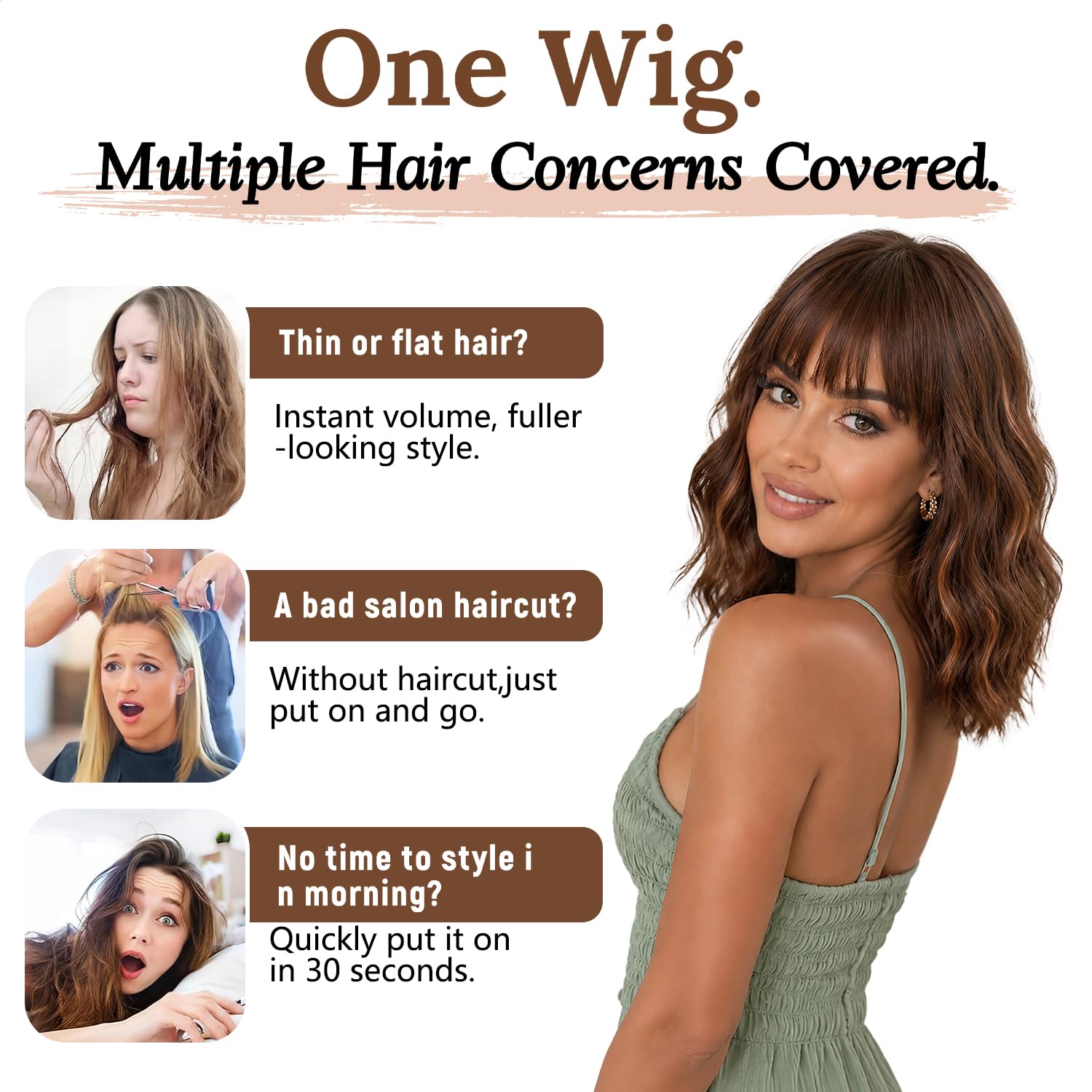 Nnzes Wig with Bangs for Women Shoulder Length Bob Wavy Women's Charming Synthetic Brown mixed Blonde Highlight Wigs with Natural Curly Heat Resistant Hair for Daily Party Use