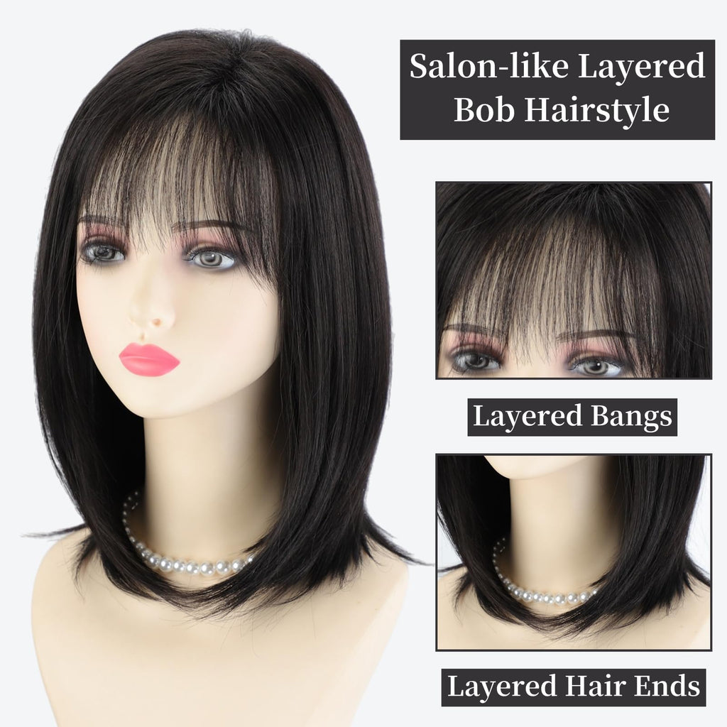 RENERSHOW Ombre Blonde Highlight Layered Bob Wig with Bangs for White Women