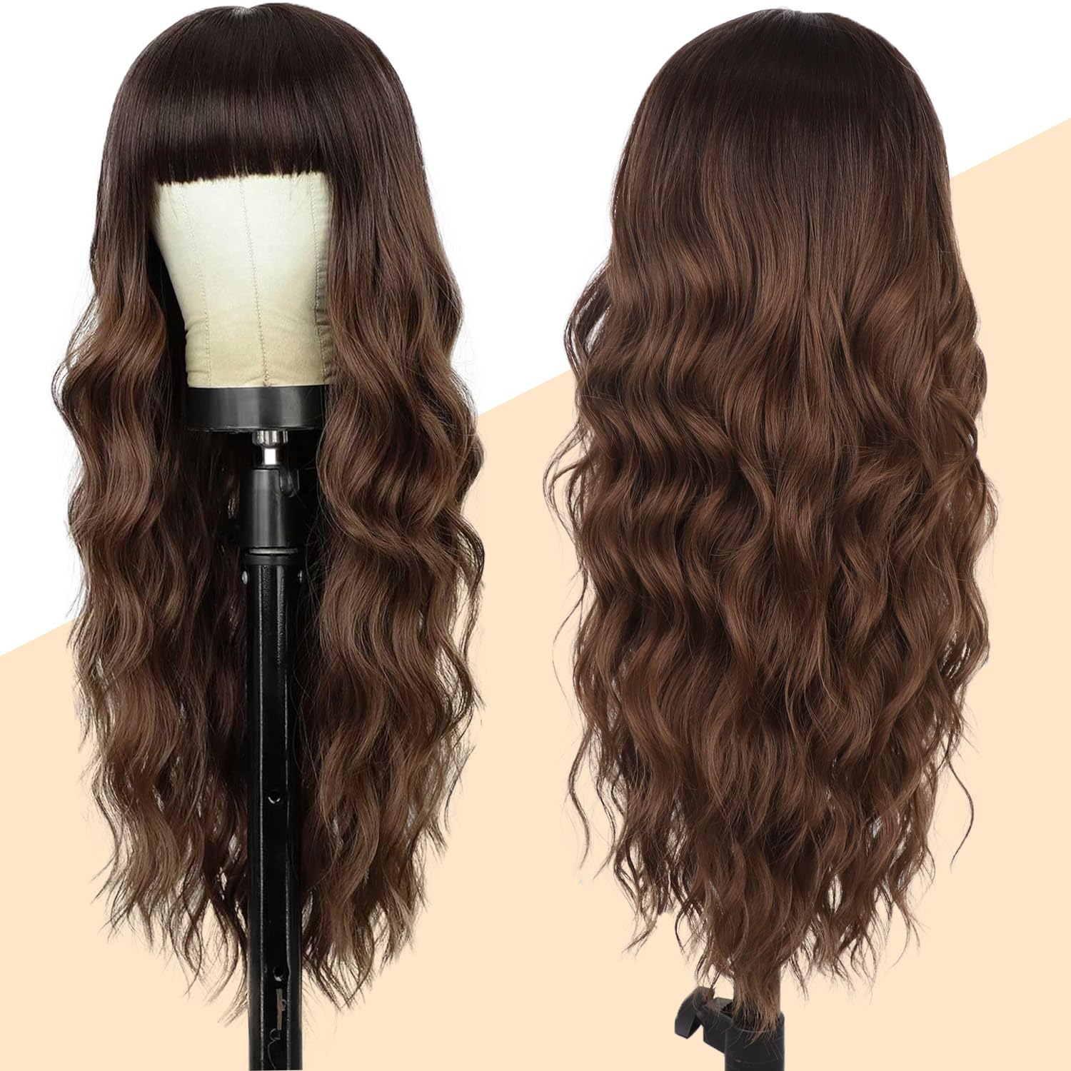Lativ Ombre Blonde Brown Wig with Bangs Long Wavy Curly Wig with Brown End