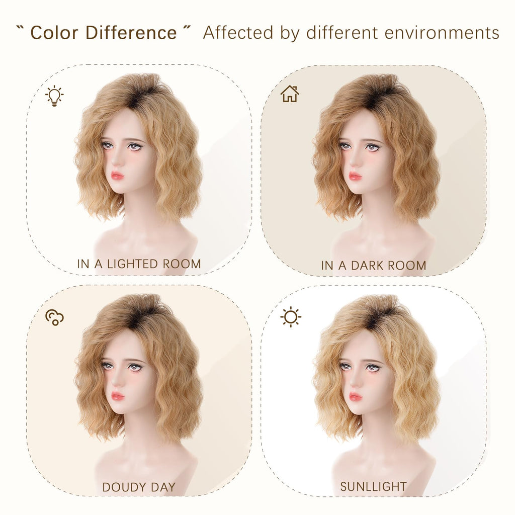 Aida ble Short Ombre Ash Blonde Wavy Wigs for Women 14 Inch Shoulder Length Curly Wavy Bob Wig Synthetic Natural Hair Wig for Daily Party Use (Ash Blonde, 14 inch)