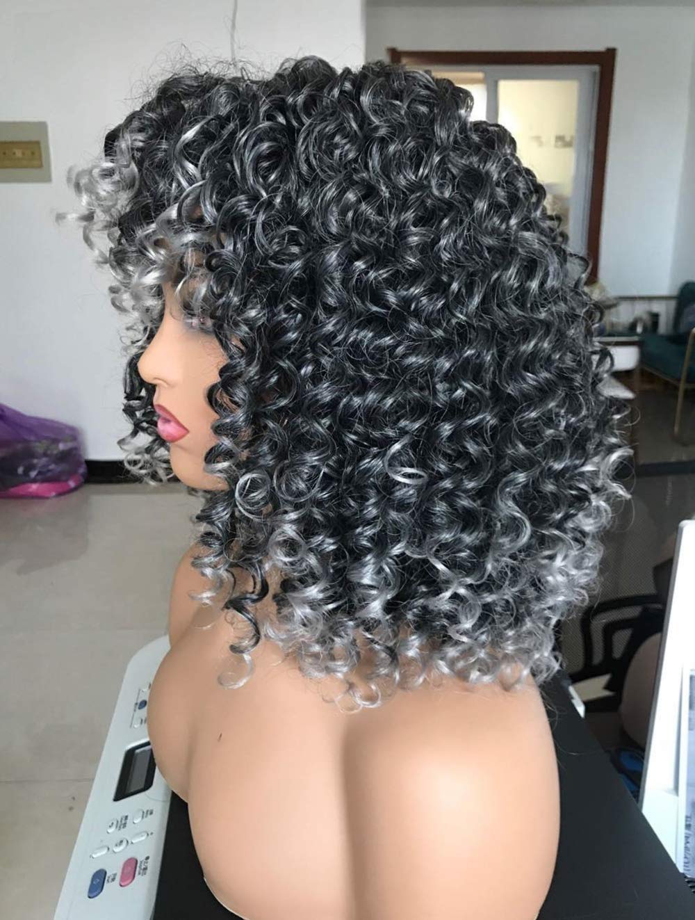 Curly Afro Wigs for Black Women Kinky Curly Wig with Bangs Synthetic Fiber Natural Looking Glueless Hair for Daily Wear