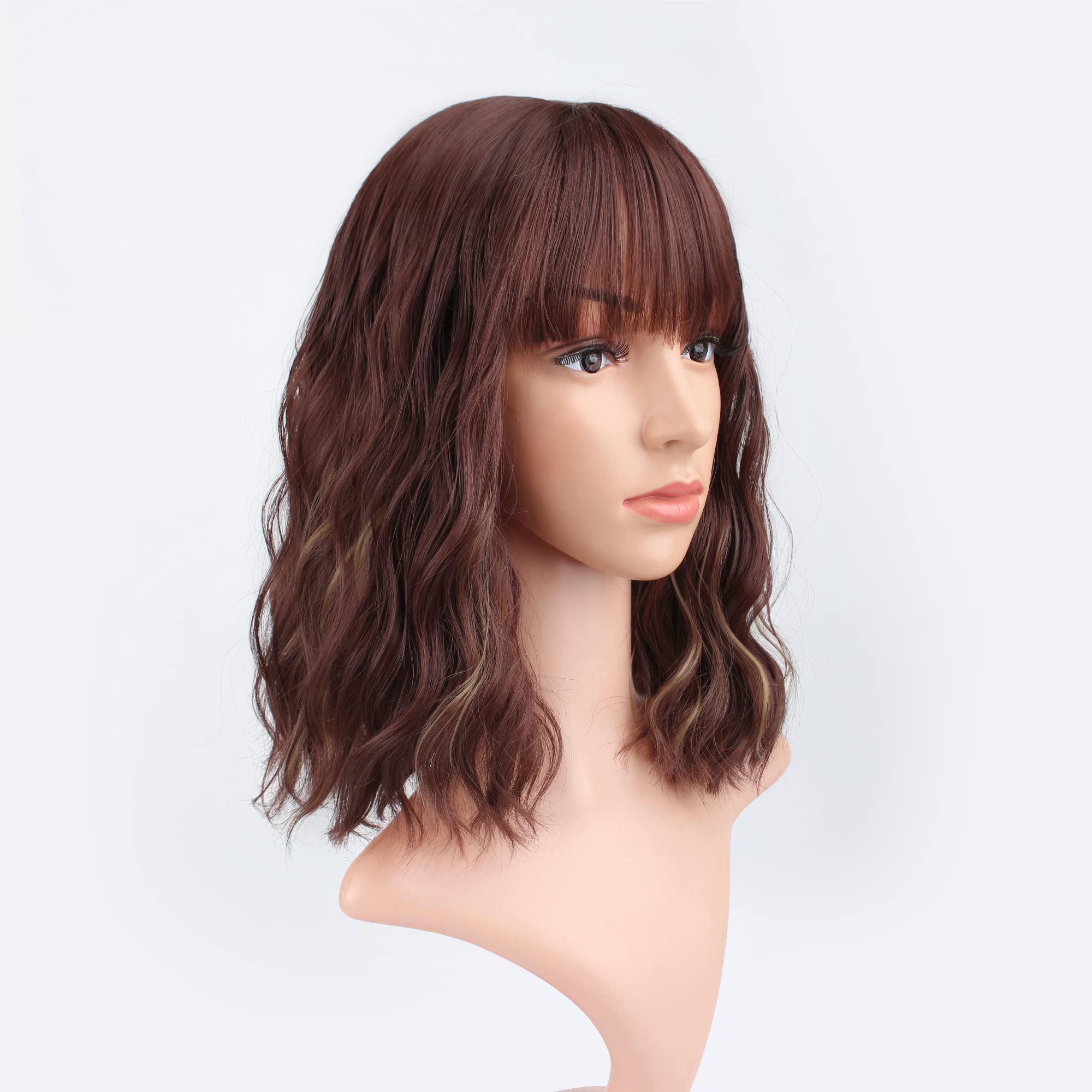 FAELBATY Blonde Wave Short Bob Wigs With Air Bangs Shoulder Length Wig For Women and Girls Curly Wavy Synthetic Cosplay Costume Wig (12" Mix blonde and gold)