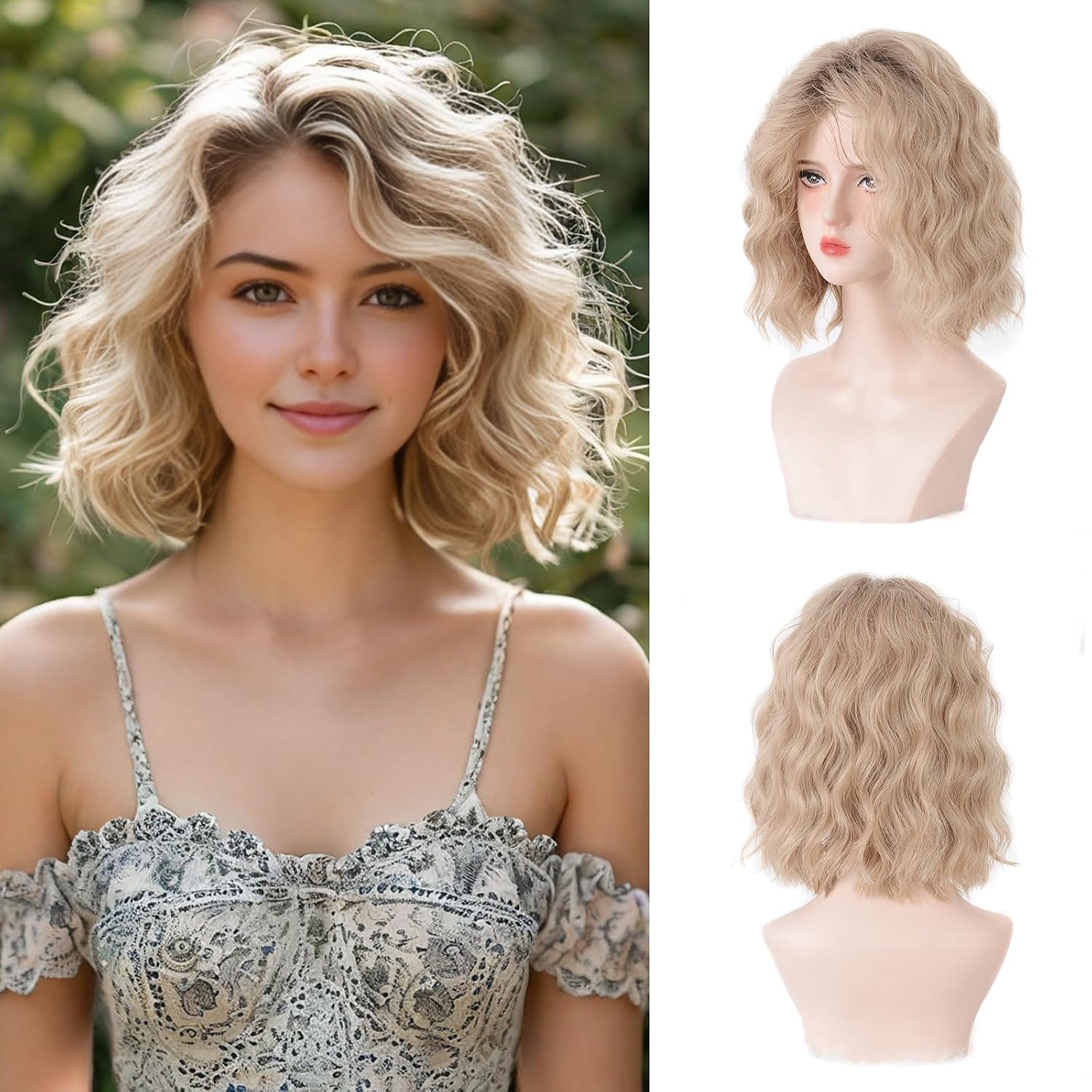 Aida ble Short Ombre Ash Blonde Wavy Wigs for Women 14 Inch Shoulder Length Curly Wavy Bob Wig Synthetic Natural Hair Wig for Daily Party Use (Ash Blonde, 14 inch)