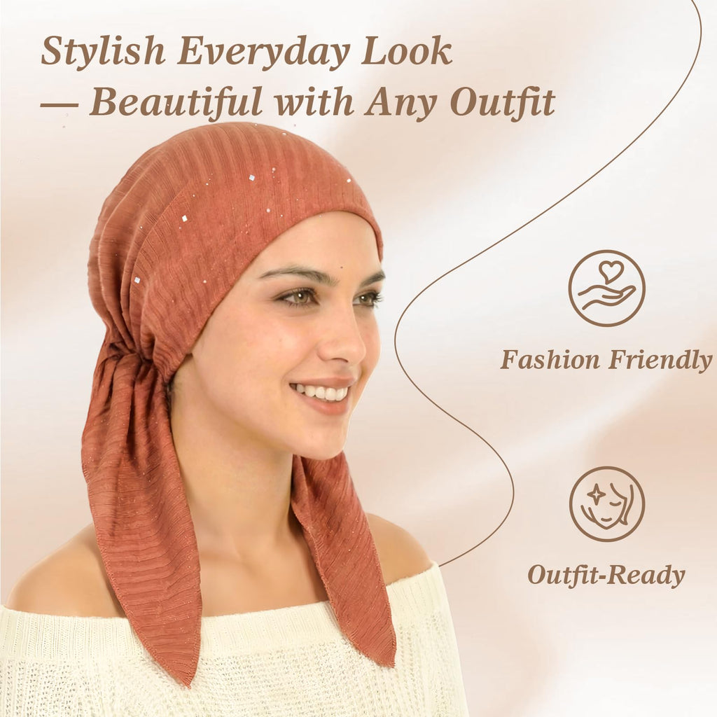 Pretied Head Scarves for Women – Fashionable Glitter Turban Head Wraps, Stylish Chemo Headwear, Elegant Hair Coverings