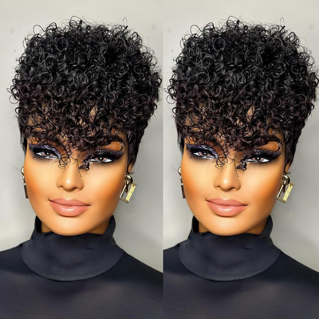 VRZ Pixie Cut Wigs for Black Women Brazilian Curly Pixie Cut Wig Human Hair Glueless Short Layered Wigs With Bangs Natural Black Color No Glue Human Hair Wig for Daily Use