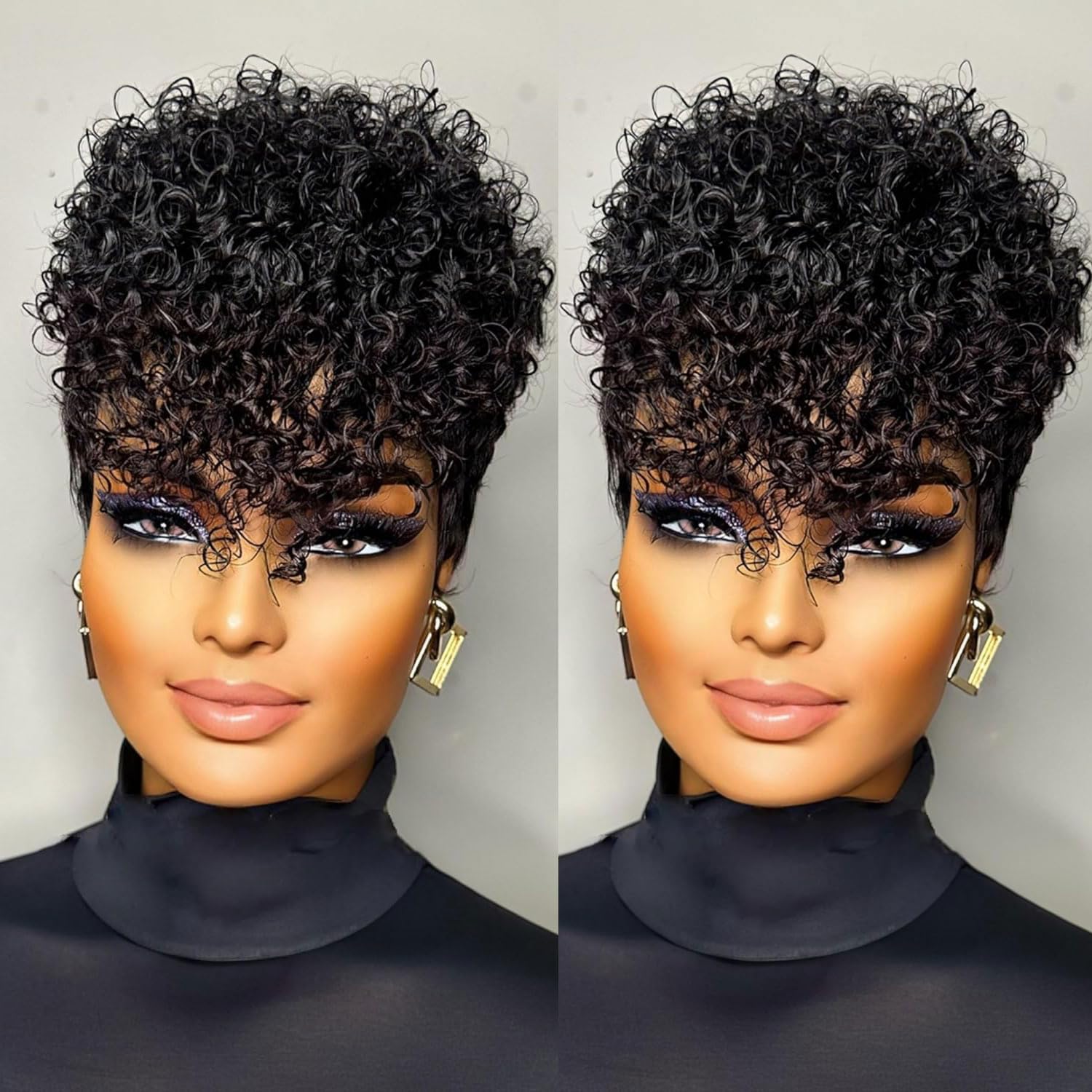VRZ Pixie Cut Wigs for Black Women Brazilian Curly Pixie Cut Wig Human Hair Glueless Short Layered Wigs With Bangs Natural Black Color No Glue Human Hair Wig for Daily Use