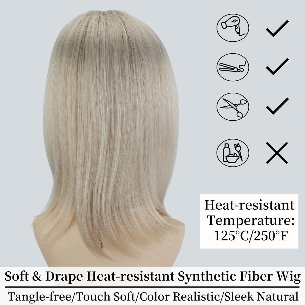RENERSHOW Ombre Blonde Highlight Layered Bob Wig with Bangs for White Women