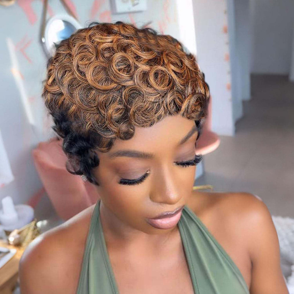 VRZ Pixie Cut Wigs for Black Women Brazilian Curly Pixie Cut Wig Human Hair Glueless Short Layered Wigs With Bangs Natural Black Color No Glue Human Hair Wig for Daily Use