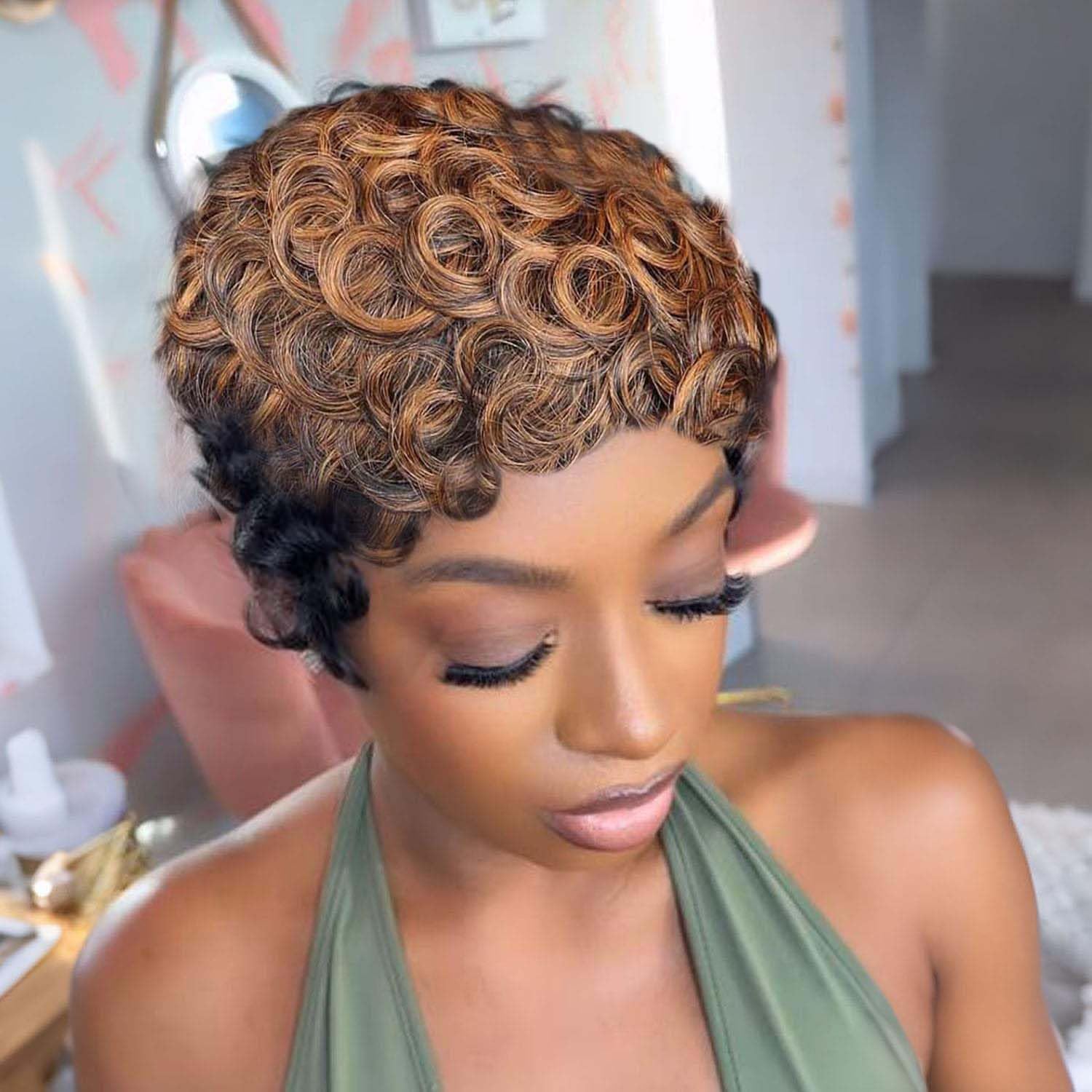VRZ Pixie Cut Wigs for Black Women Brazilian Curly Pixie Cut Wig Human Hair Glueless Short Layered Wigs With Bangs Natural Black Color No Glue Human Hair Wig for Daily Use