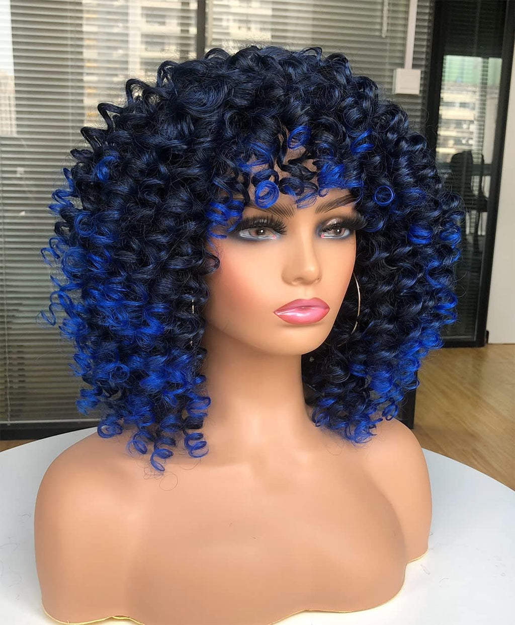 Curly Afro Wigs for Black Women Kinky Curly Wig with Bangs Synthetic Fiber Natural Looking Glueless Hair for Daily Wear