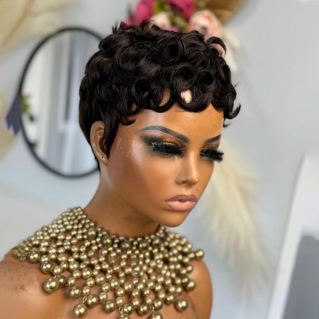 VRZ Pixie Cut Wigs for Black Women Brazilian Curly Pixie Cut Wig Human Hair Glueless Short Layered Wigs With Bangs Natural Black Color No Glue Human Hair Wig for Daily Use