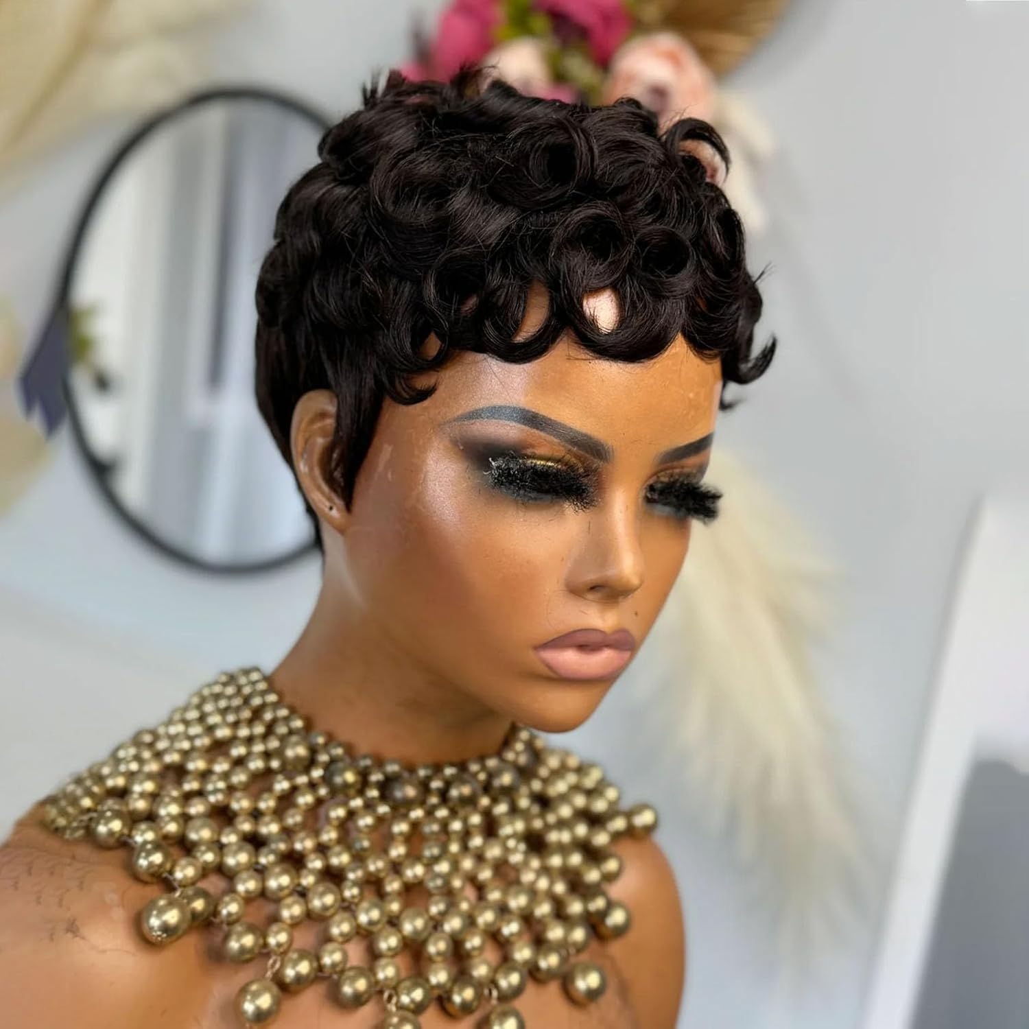 VRZ Pixie Cut Wigs for Black Women Brazilian Curly Pixie Cut Wig Human Hair Glueless Short Layered Wigs With Bangs Natural Black Color No Glue Human Hair Wig for Daily Use
