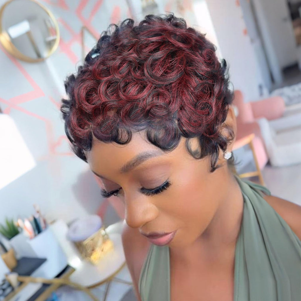 VRZ Pixie Cut Wigs for Black Women Brazilian Curly Pixie Cut Wig Human Hair Glueless Short Layered Wigs With Bangs Natural Black Color No Glue Human Hair Wig for Daily Use