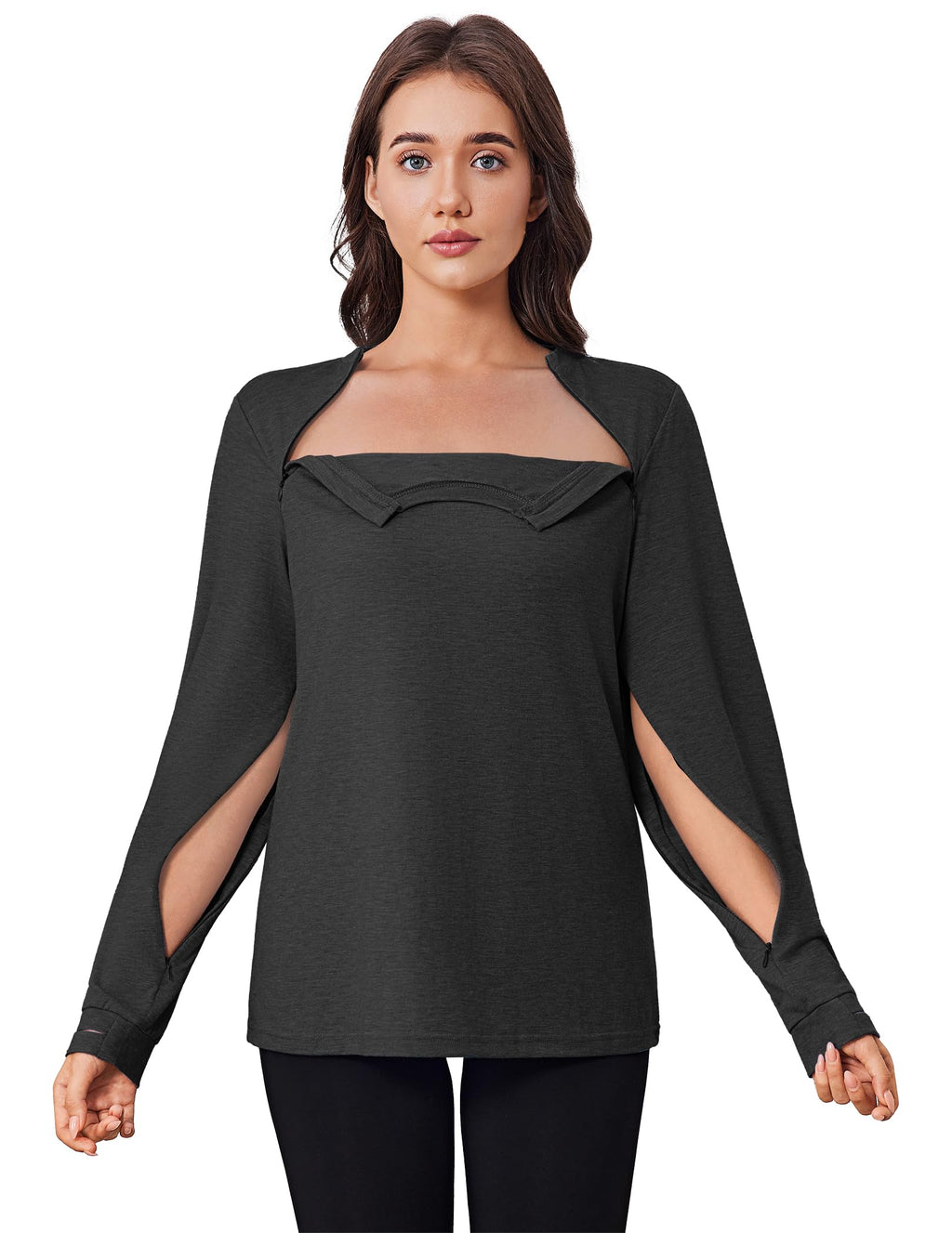 Deyeek Chemo Shirts for Port Access Women Long Sleeve Shoulder Post Surgery Shirt Dialysis Sweatshirts with Arm Zipper