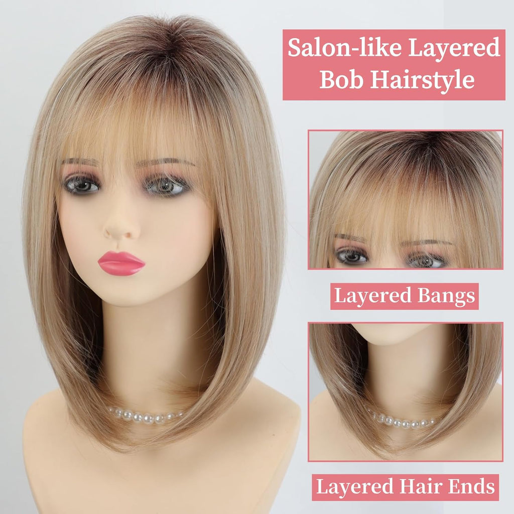 RENERSHOW Ombre Blonde Highlight Layered Bob Wig with Bangs for White Women