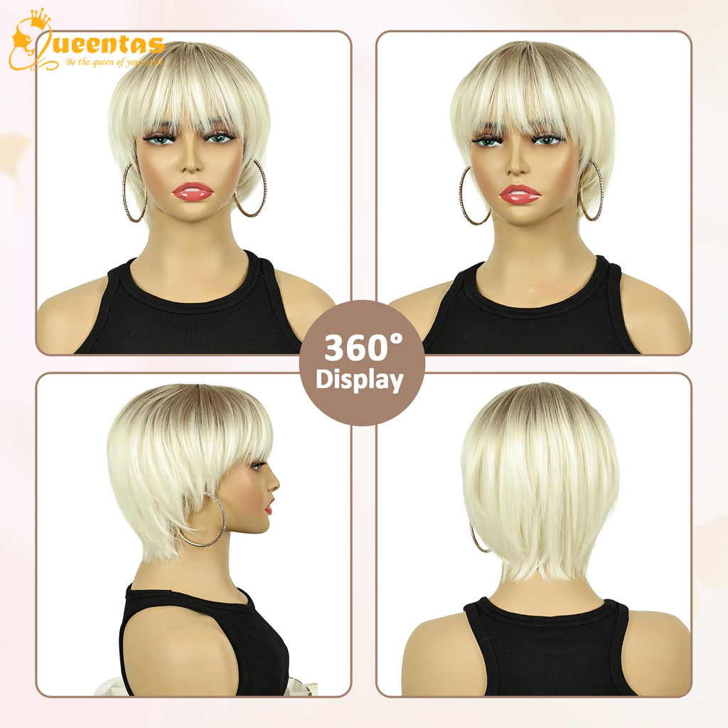 8" Layered Pixie Cut Synthetic Wig for Women Blonde Mixed Brown with Roots