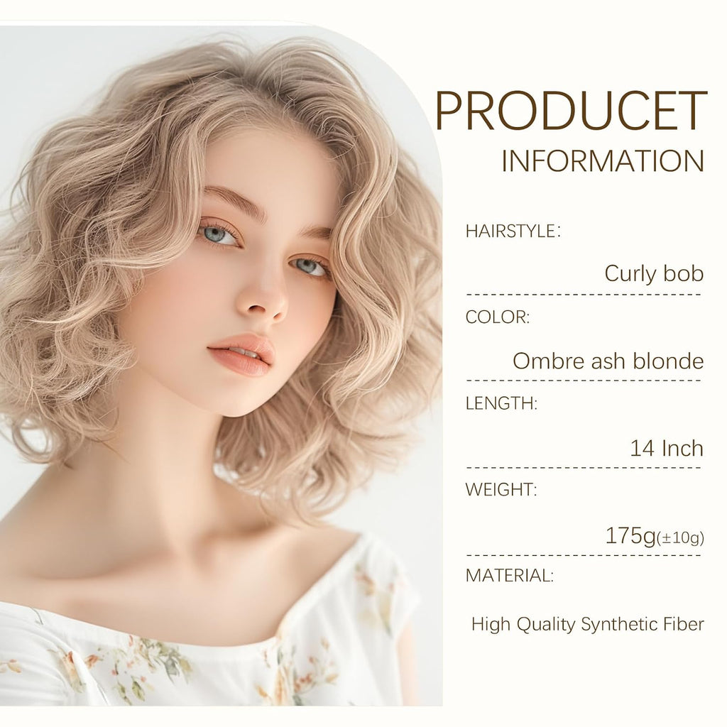 Aida ble Short Ombre Ash Blonde Wavy Wigs for Women 14 Inch Shoulder Length Curly Wavy Bob Wig Synthetic Natural Hair Wig for Daily Party Use (Ash Blonde, 14 inch)