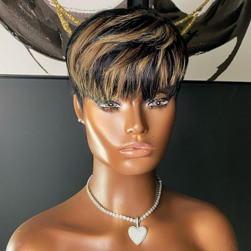 VRZ Pixie Cut Wigs for Black Women Brazilian Curly Pixie Cut Wig Human Hair Glueless Short Layered Wigs With Bangs Natural Black Color No Glue Human Hair Wig for Daily Use