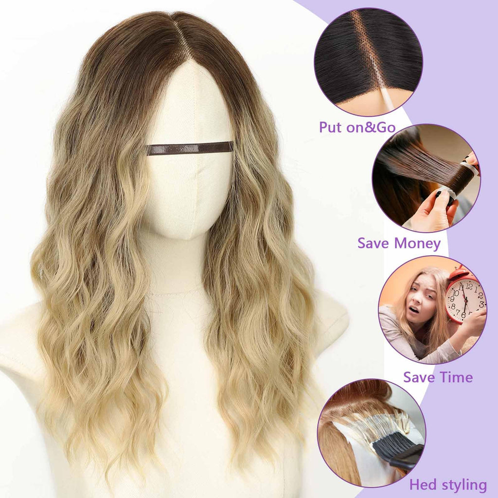 AISI HAIR 14Inch Dark to Light Blonde Wig for Women,Wave Synthetic Lace Wig