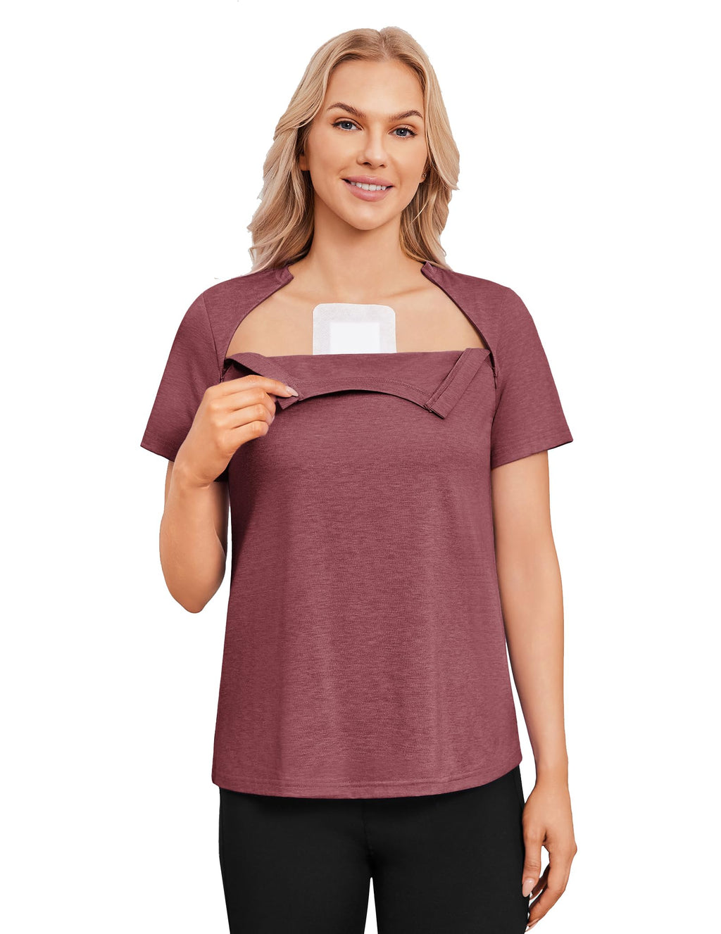 Deyeek Chemo Shirts for Port Access Women with 2 Hidden Side Zippers Post Surgery Short Sleeve Tear Away Adaptive Top Tees