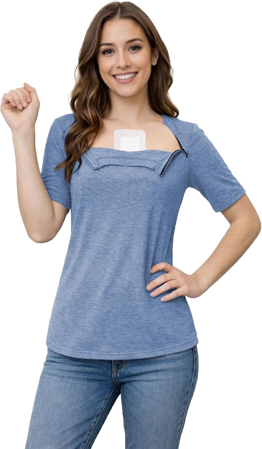 Youdiao Chemo Shirts for Port Access Women Post Shoulder Surgery Shirts with 2 Hidden Side Zippers Short Sleeve Tear Away Top