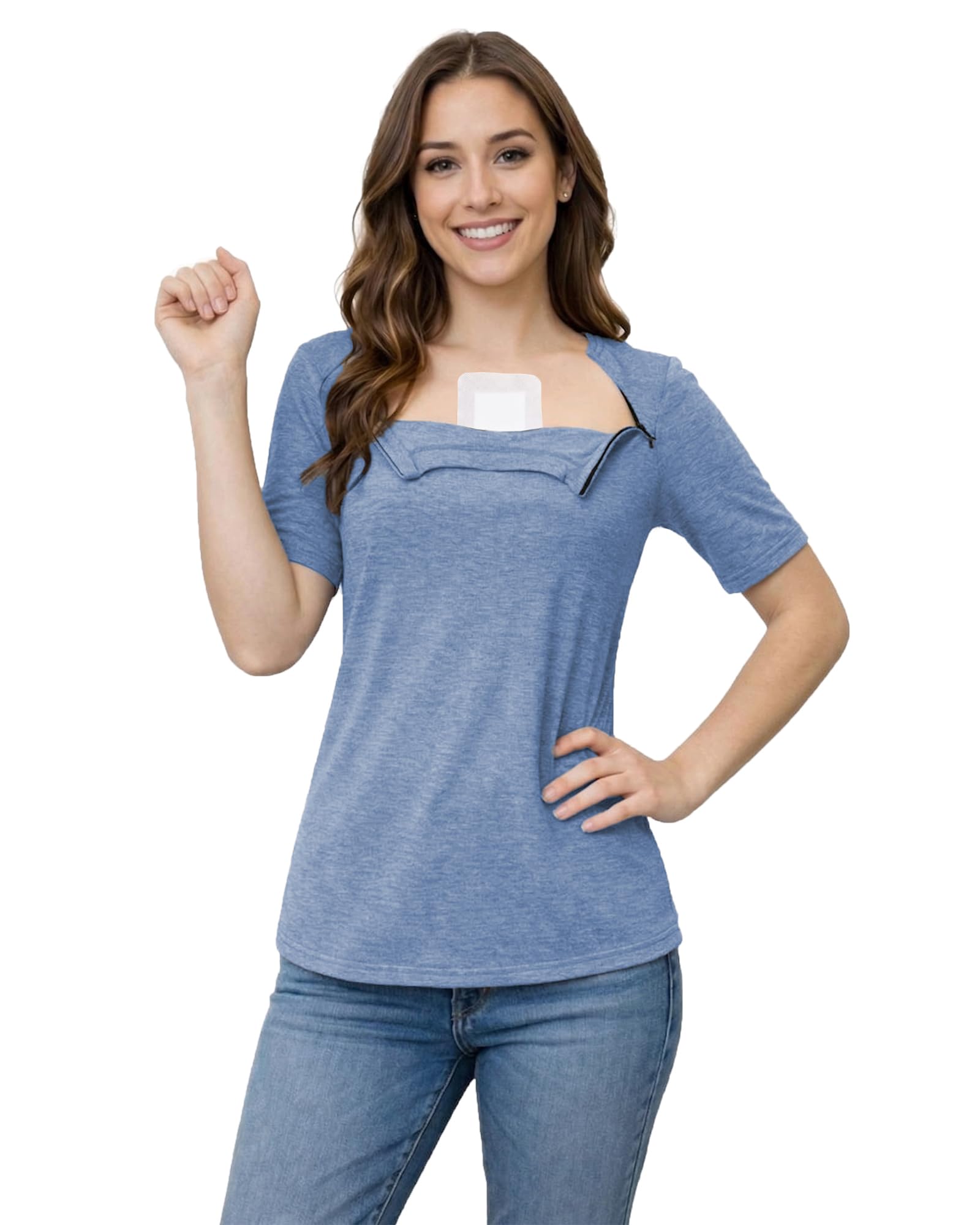 Youdiao Chemo Shirts for Port Access Women Post Shoulder Surgery Shirts with 2 Hidden Side Zippers Short Sleeve Tear Away Top