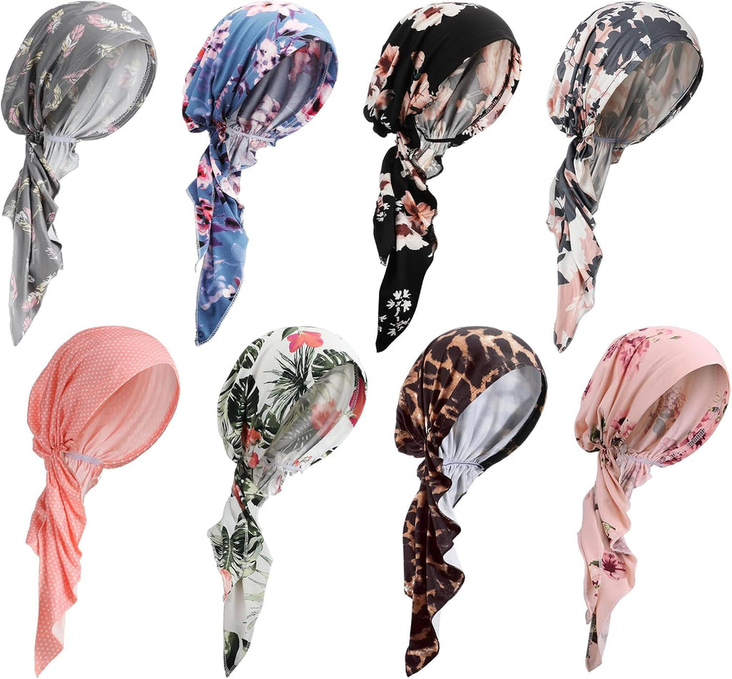 Halfchet 8 Pcs Chemo Headwear for Women Pre Tied Cancer Scarf Caps Soft Elastic Head Scarf Turbans for Patients Hair Loss Cover Hat