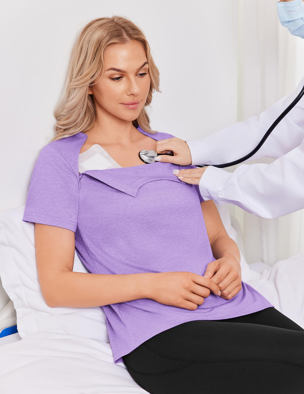 Deyeek Chemo Shirts for Port Access Women with 2 Hidden Side Zippers Post Surgery Short Sleeve Tear Away Adaptive Top Tees