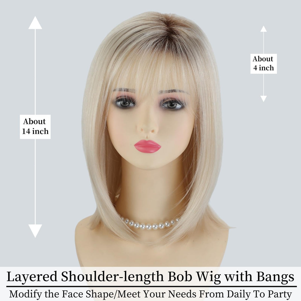 RENERSHOW Ombre Blonde Highlight Layered Bob Wig with Bangs for White Women